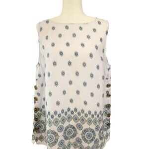 J.Jill Medallion Printed Linen Tank Top White Women's XL Boho Coastal Casual